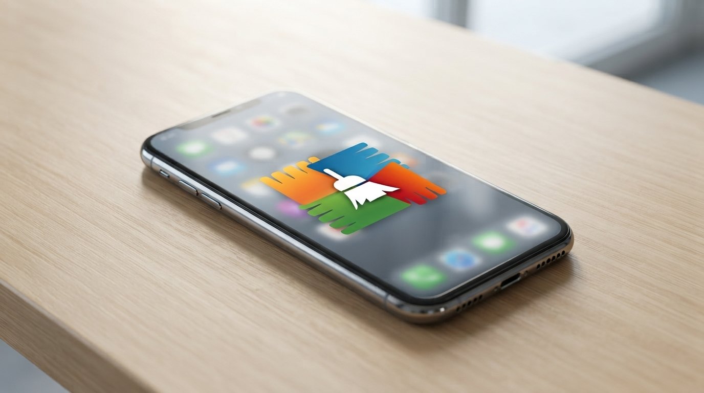 A smartphone lying on a wooden table displaying a cleaning utility application icon on screen.