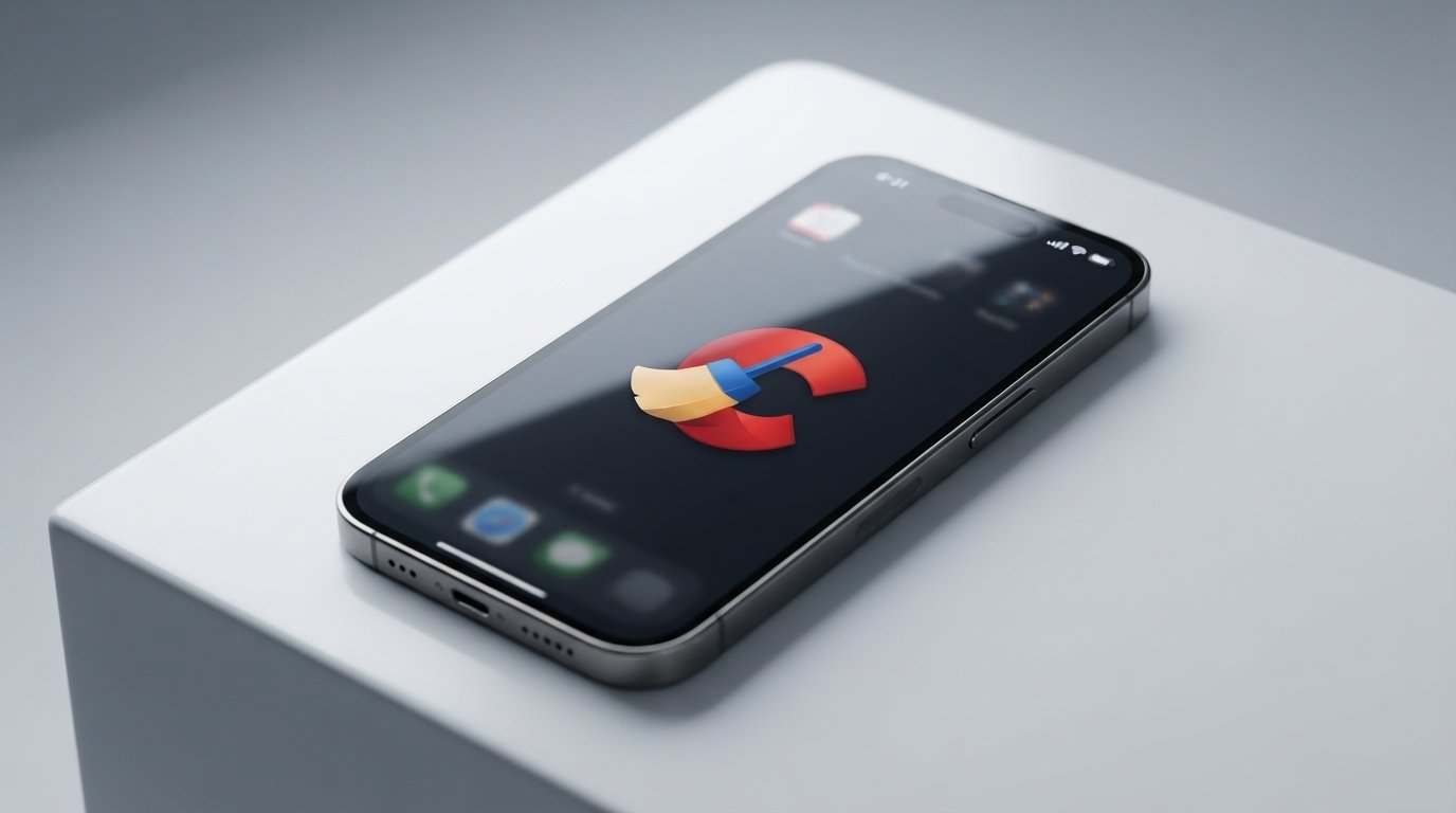 A smartphone resting on a white surface showcases the CCleaner application logo on its screen.