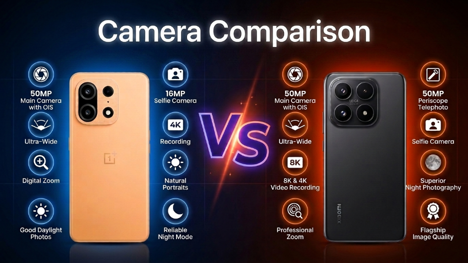 A side-by-side camera comparison graphic displaying a gold OnePlus smartphone opposing a black Xiaomi smartphone.