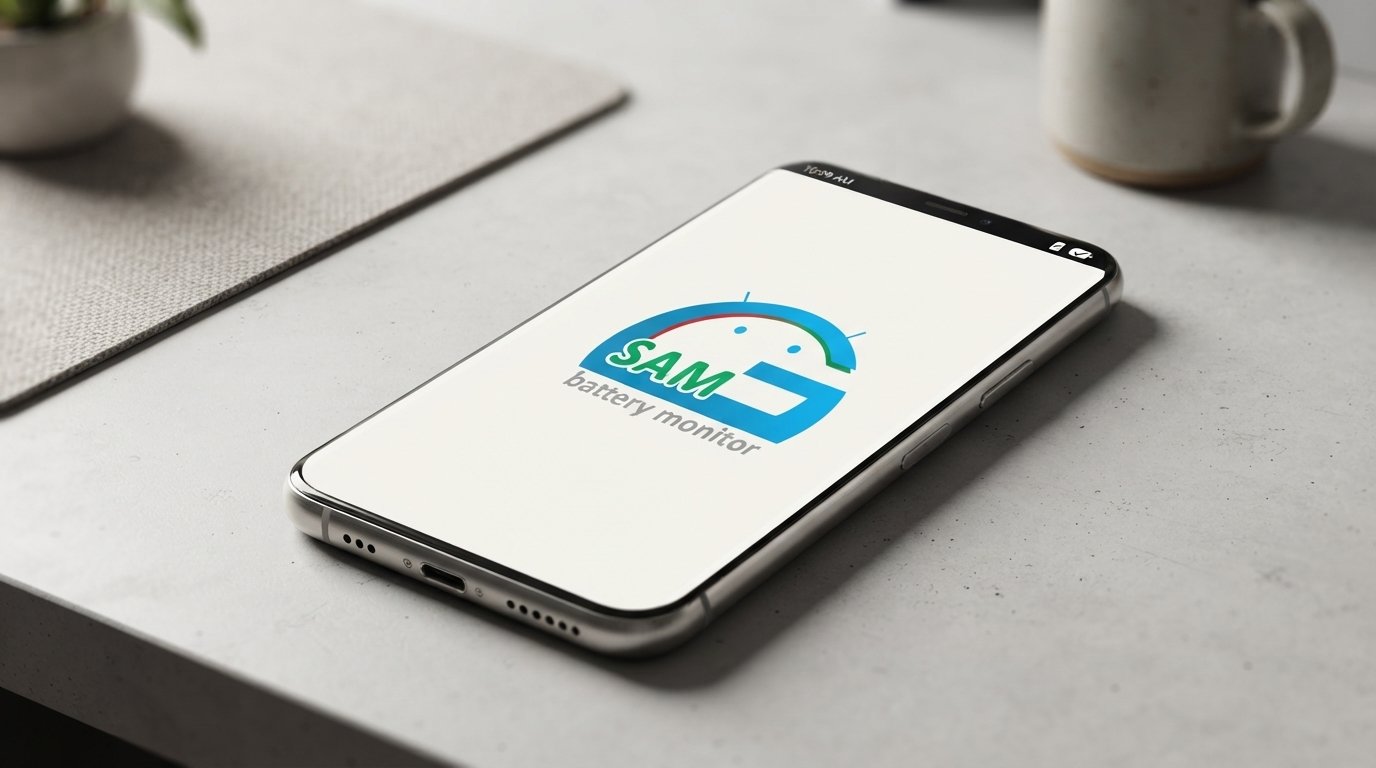 A smartphone lying on a concrete surface displays the SAM battery monitor application logo on screen.