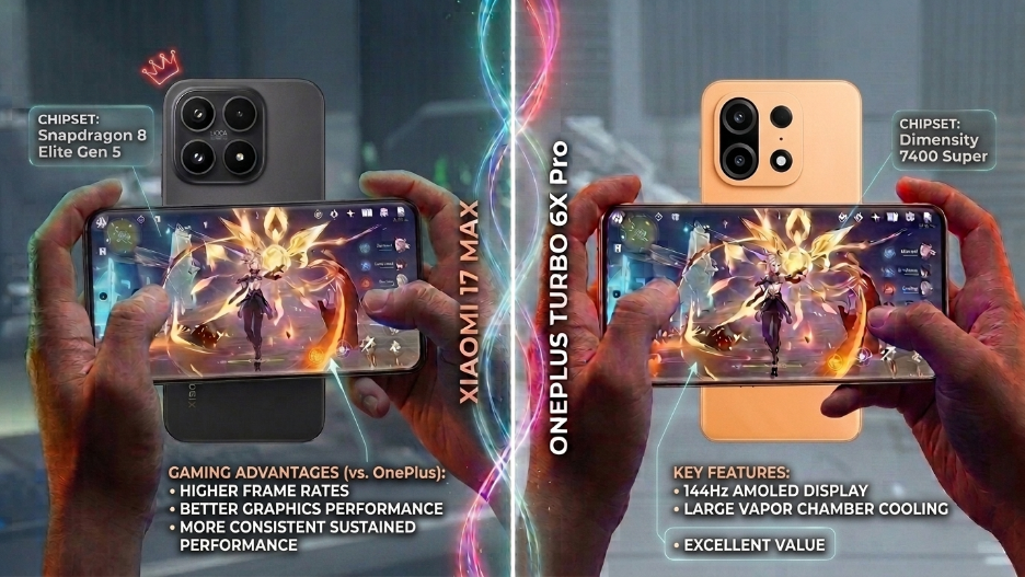 A side-by-side comparison of the Xiaomi 17 Max and OnePlus Turbo 6X Pro smartphones displaying high-performance mobile gaming.