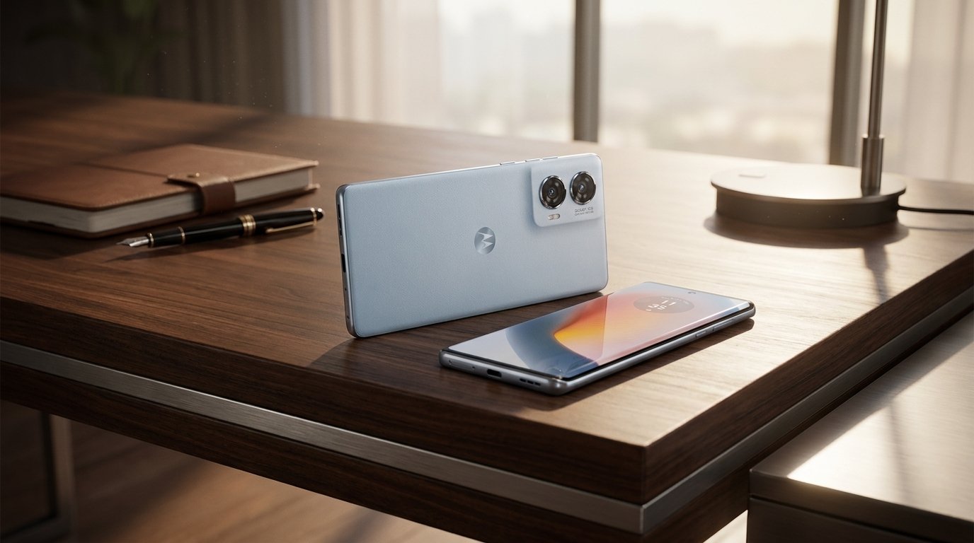 Two light blue Motorola smartphones rest on a wooden desk next to a pen and notebook.