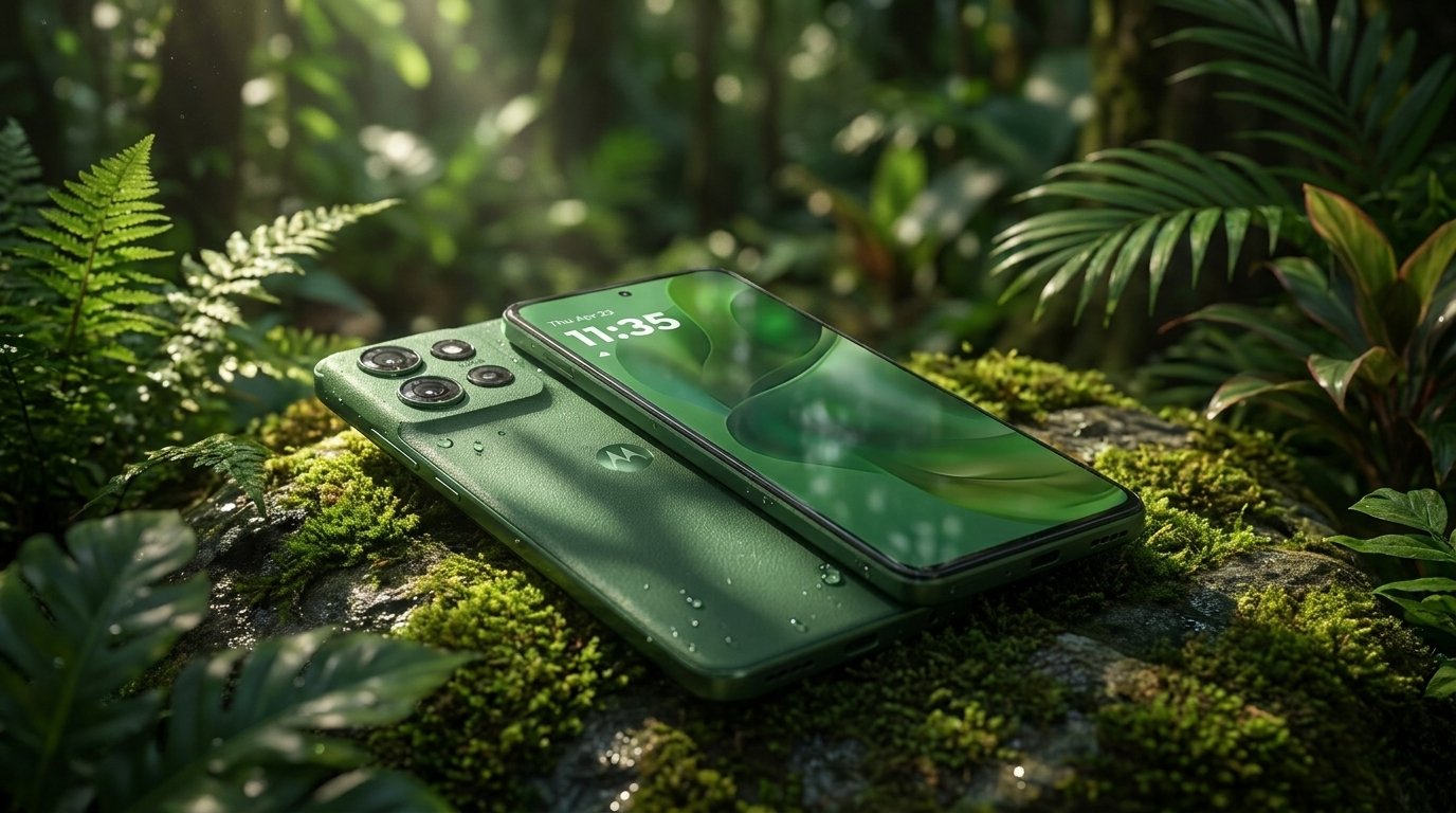 Two green Motorola smartphones rest on a mossy rock surrounded by lush jungle foliage.