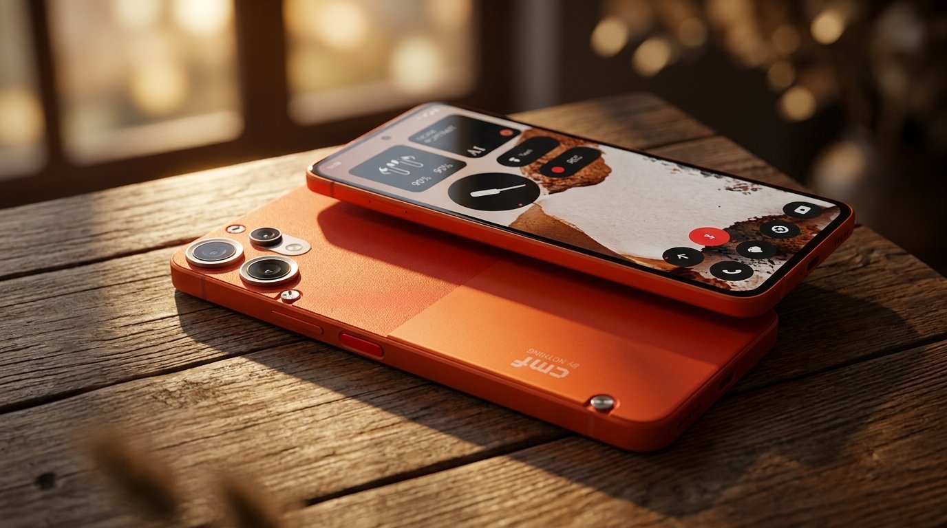 Two orange CMF by Nothing smartphones rest on a rustic wooden table in warm afternoon sunlight.