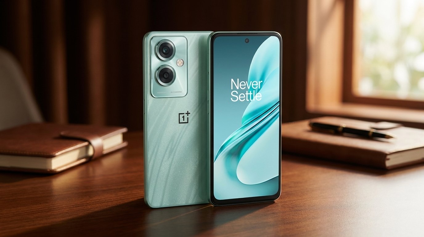 Two green OnePlus smartphones stand upright on a wooden desk next to brown notebooks and a pen.