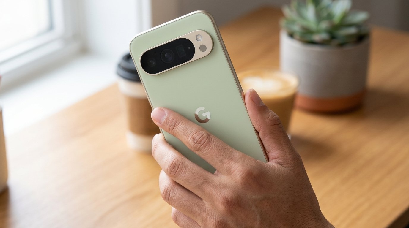 A person holds a light green Google Pixel smartphone, showcasing its distinct rear camera bar, over a wooden table.