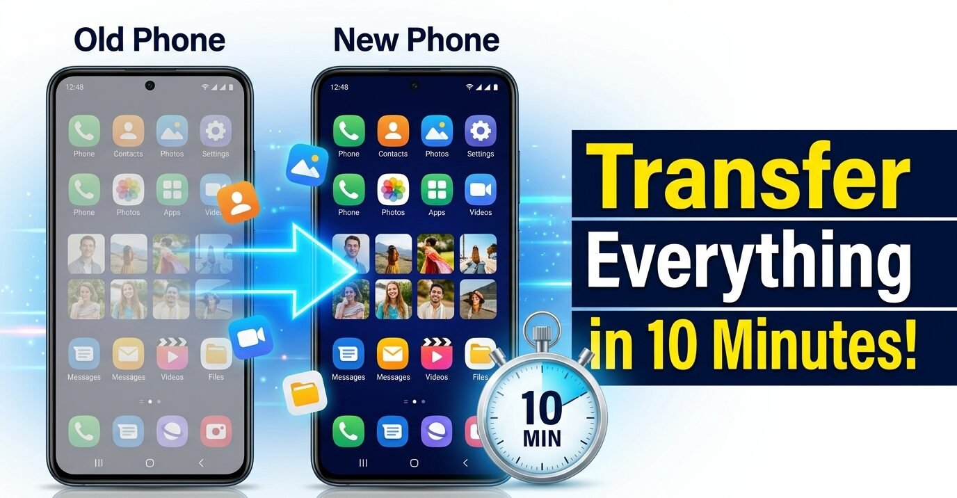 AI Mode conversation: Write ALT text for this thumbnailYou sent: 1 image and said: Write ALT text for this thumbnailWrite ALT text for this thumbnailAn image showing a step-by-step process of transferring data from an old phone to a new phone. On the left side, there's a smartphone labeled "Old Phone" with a selection of app icons. An arrow points from this phone towards another smartphone on the right, labeled "New Phone," which displays identical app icons, indicating a successful data transfer. To the right of the phones, bold yellow and white text reads "Transfer Everything in 10 Minutes!" A circular stopwatch icon with the number "10" and text "MIN" is positioned below the text, emphasizing the speed of the transfer process. The background is a gradient blue color with abstract lighting effects.AI can make mistakes, so double-check responses 15-20 wordsA YouTube thumbnail showing data transfer between an "Old Phone" and a "New Phone" with text reading "Transfer Everything in 10 Minutes!"