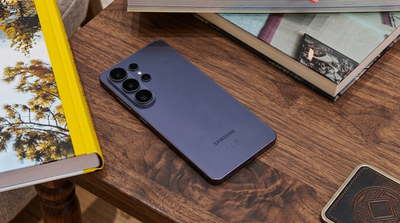 A Samsung Galaxy S24 Ultra smartphone rests face down on a wooden table between books.