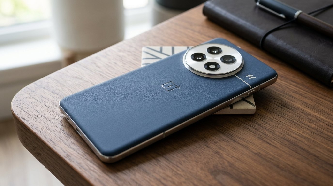 A blue OnePlus 13 smartphone sits on a wooden desk next to a black leather notebook.
