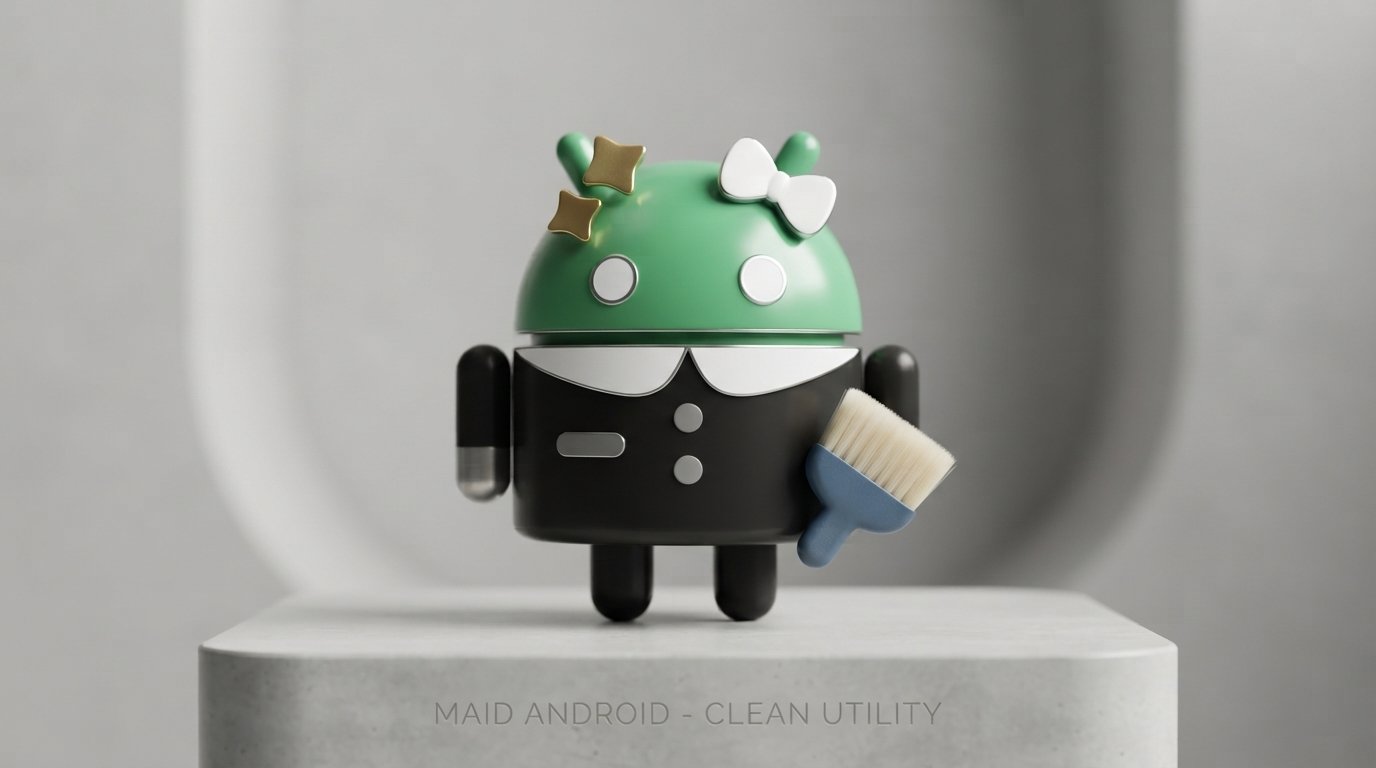 A green and black Android mascot dressed as a maid holding a small cleaning brush.