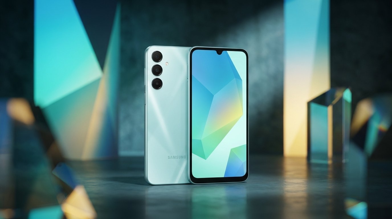 Two light blue Samsung smartphones stand vertically on a dark surface with geometric crystalline shapes.