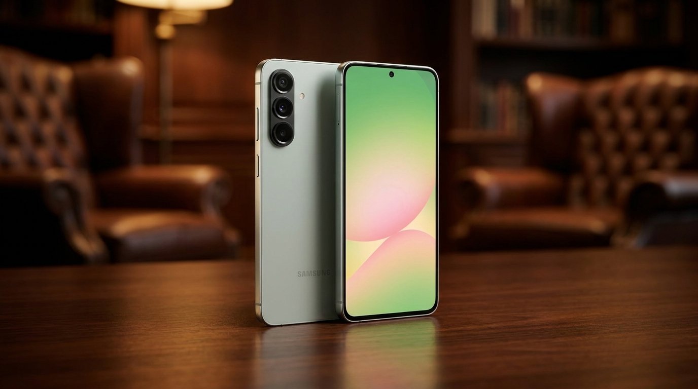 Two light green Samsung smartphones stand vertically on a wooden table in a dimly lit study.