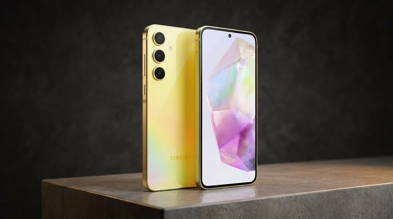 Two Samsung Galaxy smartphones in a light yellow color stand vertically on a dark grey countertop.