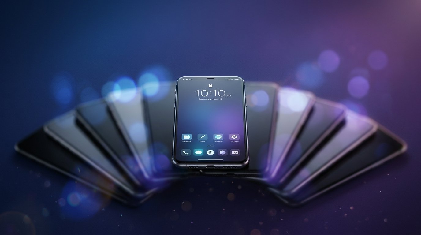 A collection of smartphones arranged in a fan shape against a dark purple background with blue bokeh lights.