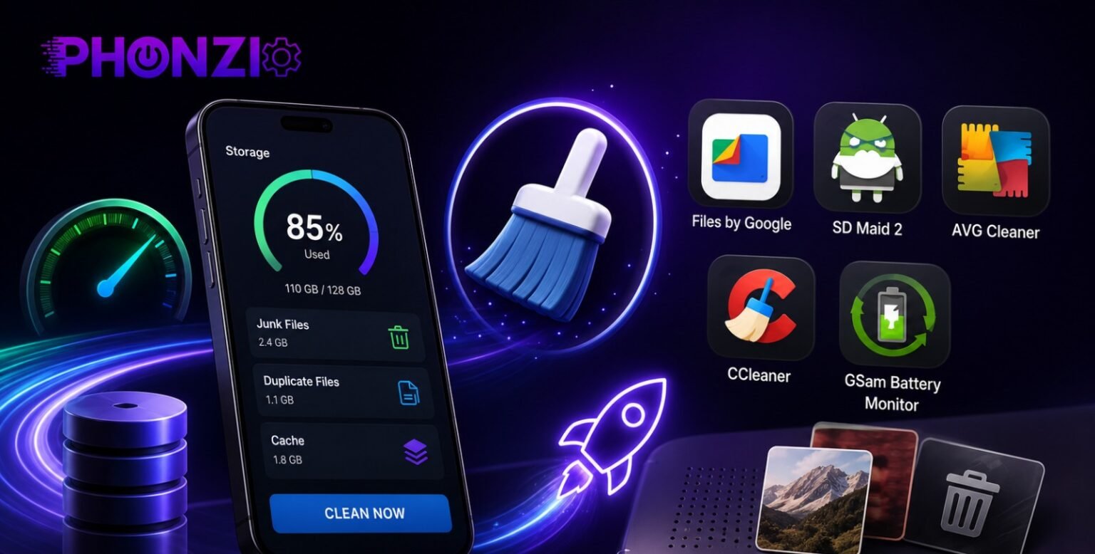 A smartphone displaying a storage cleanup interface alongside various popular Android optimization apps.