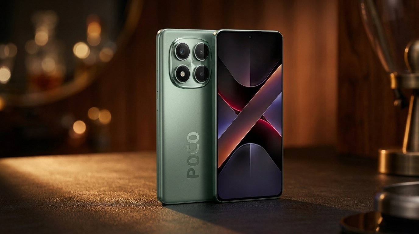Two green POCO smartphones stand upright on a dark surface against a warm, blurry background.