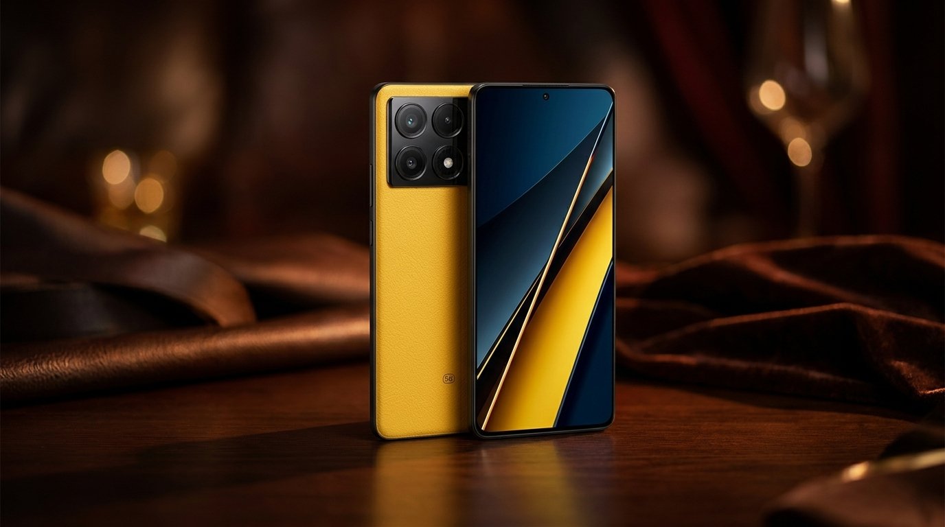 Two yellow POCO smartphones stand upright on a dark wooden surface with warm, soft background lighting.