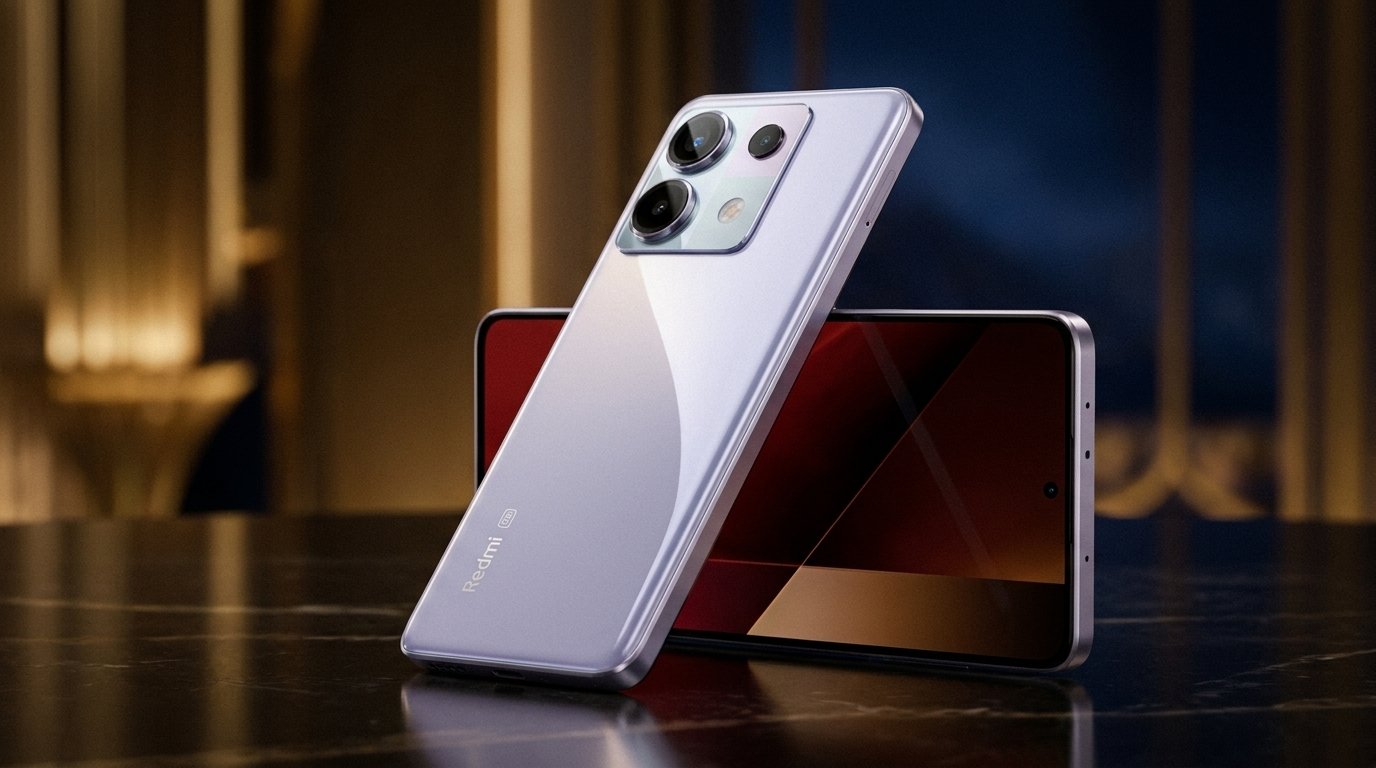 Two light purple Redmi smartphones rest on a dark, glossy table against a blurred background.
