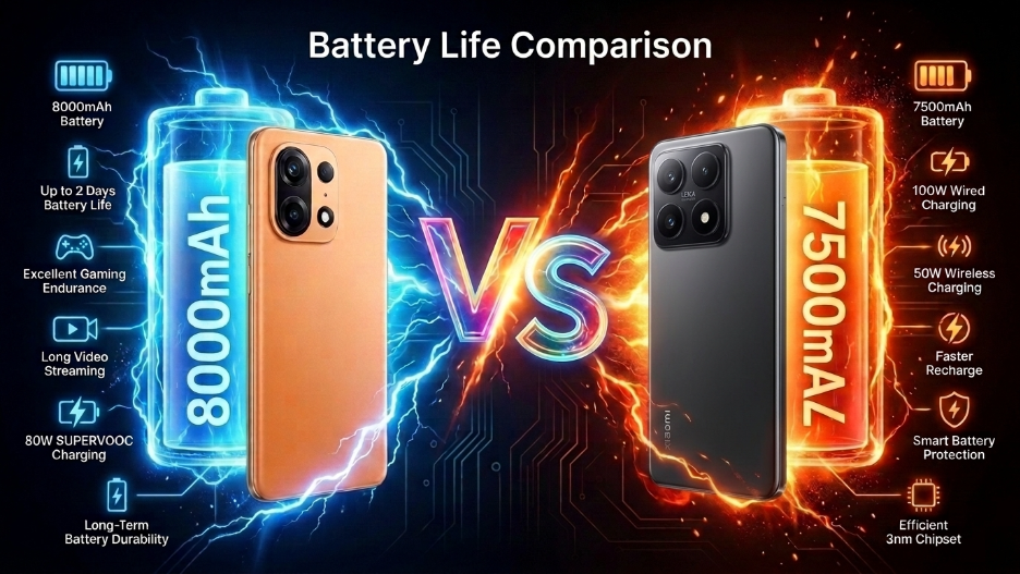 A comparison graphic showing an orange smartphone with an 8000mAh battery versus a black smartphone with a 7500mAh battery. 