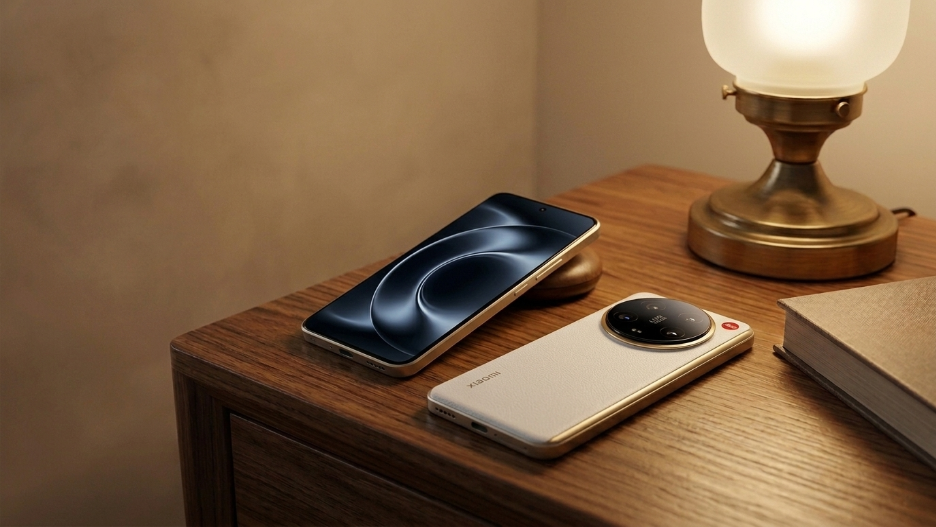 A modern Xiaomi smartphone with a large circular camera module lies face down on a wooden bedside table.