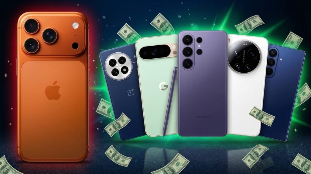 5 Phones to Buy Instead of the Apple iPhone 17 Pro Max (And Save Money) An orange iPhone stands on the left, facing a line of popular Android smartphones surrounded by falling money.