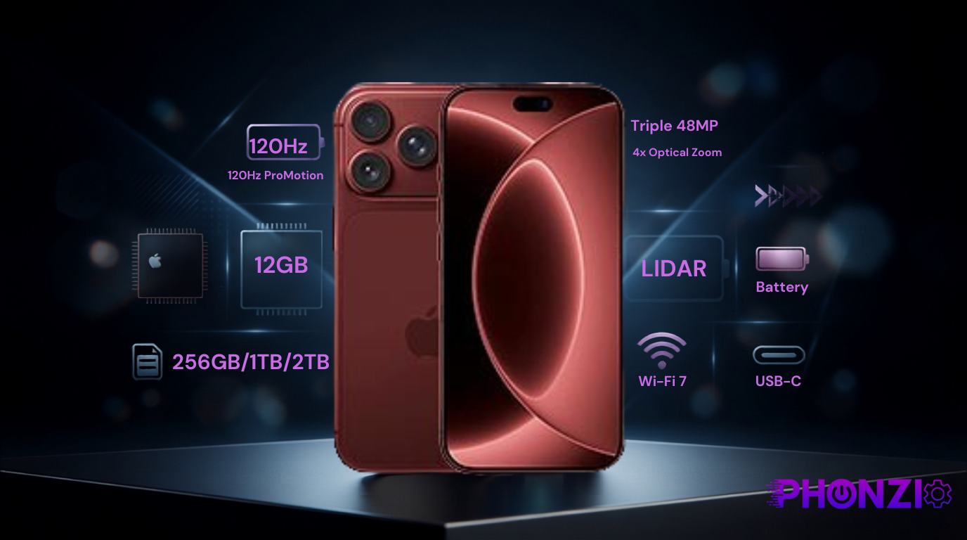 A futuristic smartphone concept image showcasing a reddish-brown phone alongside text callouts for its 120Hz display and 12GB RAM.