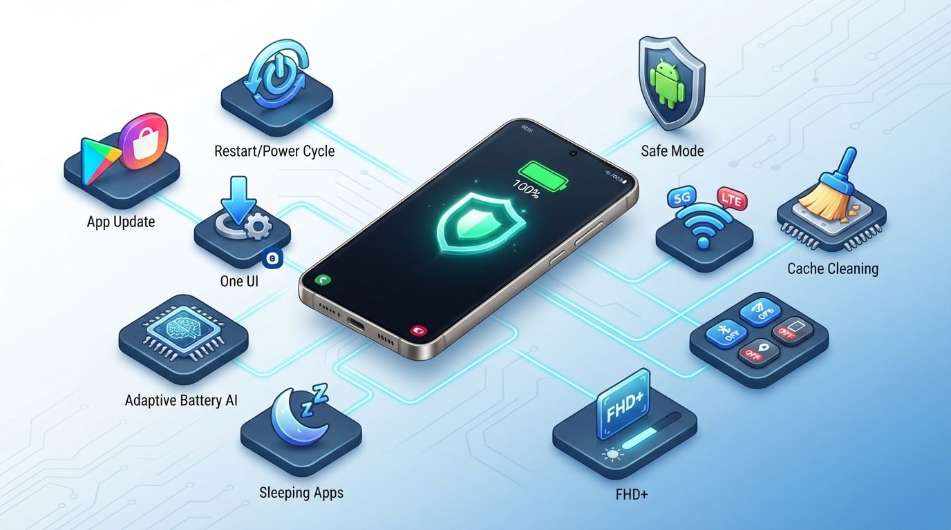 An infographic showing a smartphone surrounded by 3D icons representing features like battery management, updates, and optimization options.