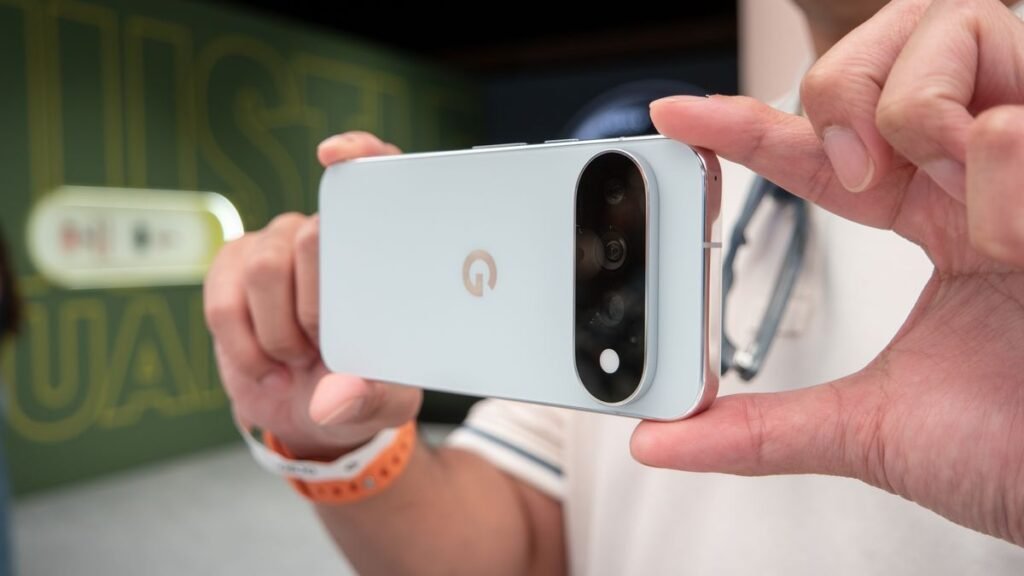 A close-up of a person holding a light blue Google Pixel 11 Pro smartphone horizontally.