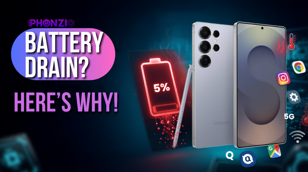 Is Your Galaxy S25 Ultra Battery Draining Fast? You’re Not Alone — Here’s Why A Samsung Galaxy phone alongside icons illustrating battery drain, overheating, 5G usage, and background apps.