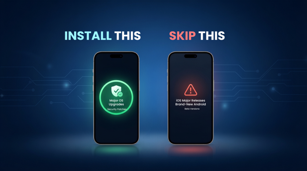 The Phone Update You Should Install Today (And the One You Should Skip) An infographic comparing smartphone software updates, recommending users to install major OS upgrades and security patches while skipping brand-new beta versions. Phone Update You Should Install Today