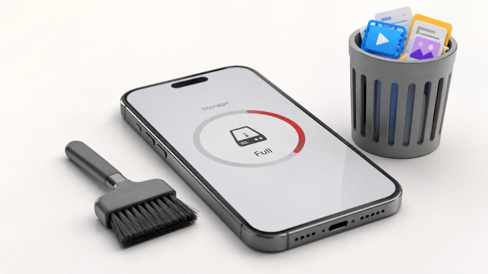 A 3D illustration of a smartphone showing full storage next to a trash can and brush.