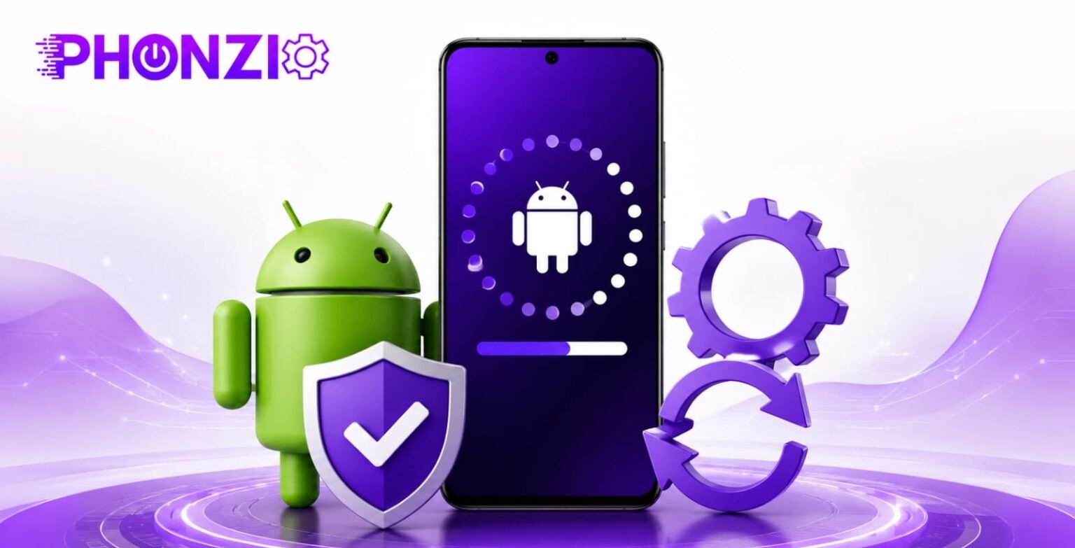 Should You Even Install the Latest Android Update? We Checked So You Don’t Have To An Android mascot and a smartphone showing a software update progress bar next to purple gears and a shield.