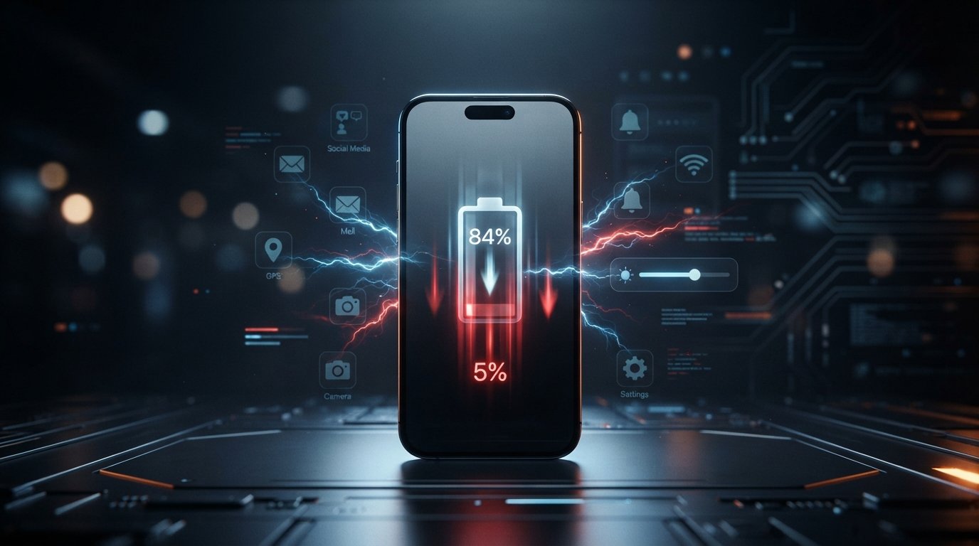 Smartphone with a battery icon showing a charge drop, surrounded by glowing digital icons and electric arcs.