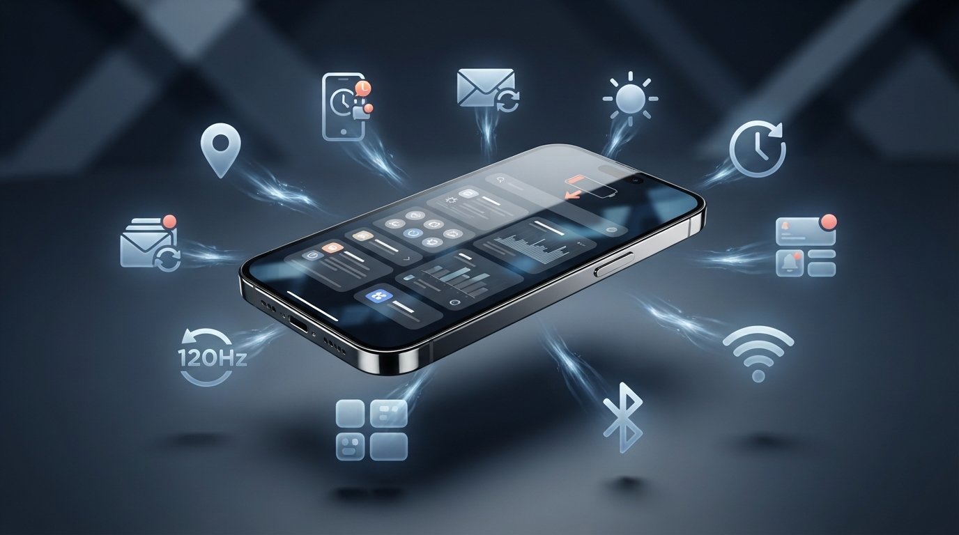 A modern smartphone floats horizontally, surrounded by various glowing blue digital interface icons, network symbols, and connectivity graphics.