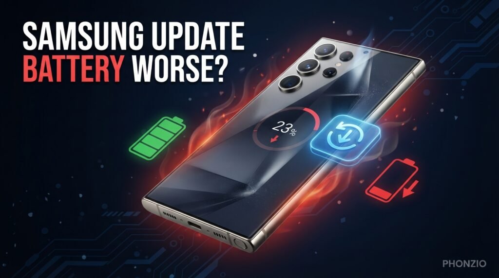 The Samsung Update Nobody Asked For: Why Battery Life Just Got Worse A Samsung Galaxy smartphone surrounded by glowing battery icons and text reading "SAMSUNG UPDATE BATTERY WORSE?"