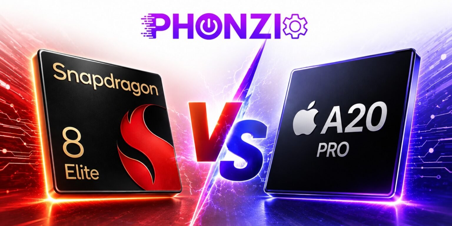 A comparison thumbnail featuring the Qualcomm Snapdragon 8 Elite chip facing off against the Apple A20 Pro chip.