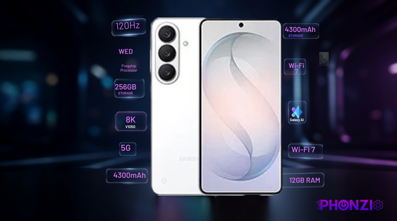 A futuristic smartphone concept image showcasing a white phone alongside text callouts for its 120Hz display and Galaxy AI.