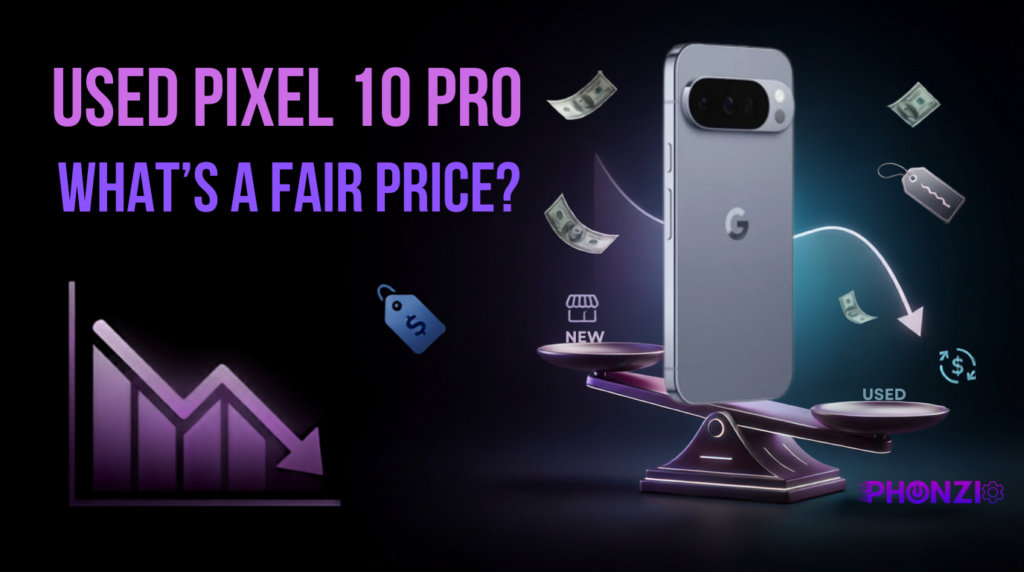 A scale balances a new phone on one side and a used Google Pixel 10 Pro on the other.