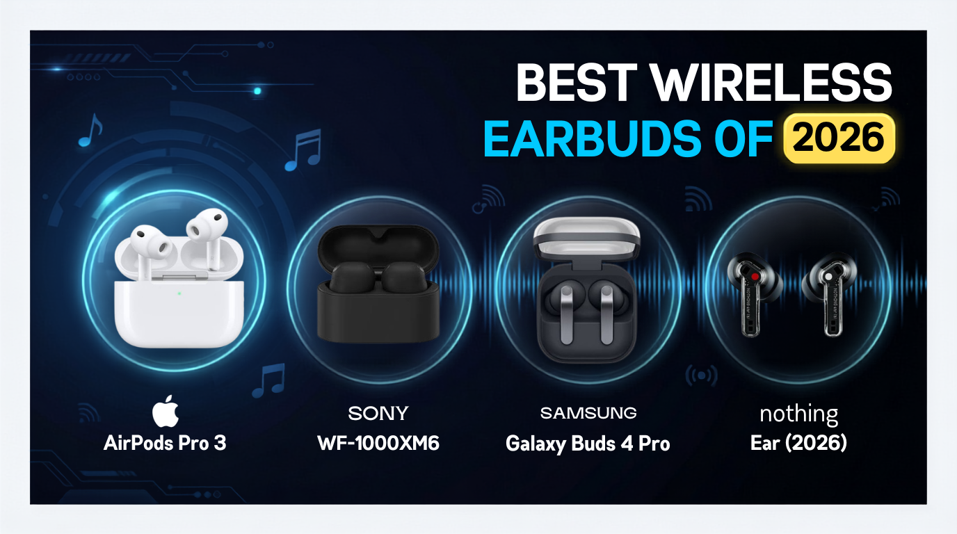 An infographic titled "BEST WIRELESS EARBUDS OF 2026" featuring four highlighted earbud models with their respective brand logos.