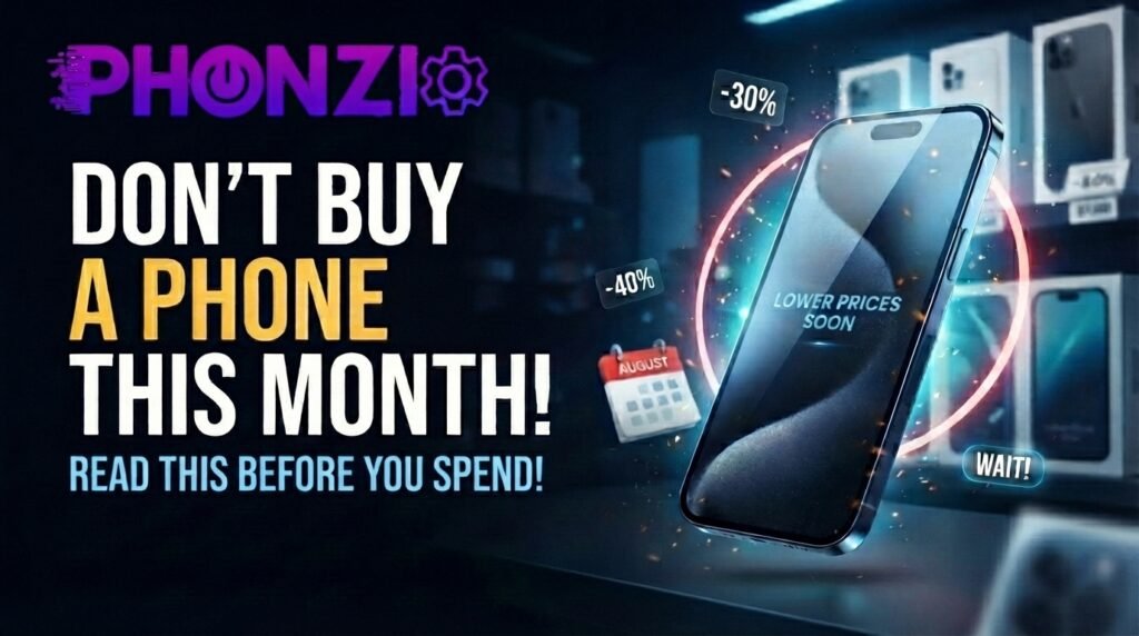 Don’t Buy a Phone This Month Until You Read This A blog thumbnail text overlay reading "DON'T BUY A PHONE THIS MONTH!" alongside a modern smartphone and an August calendar.