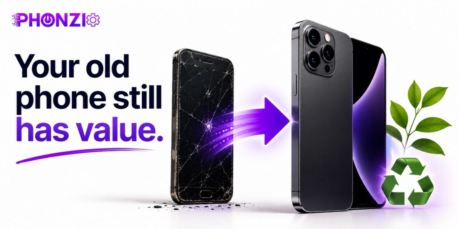What Happens to Your Old Phone When You Upgrade? 7 Smart Things You Can Do a shattered old phone transforming into a sleek new iPhone next to a green recycling symbol.