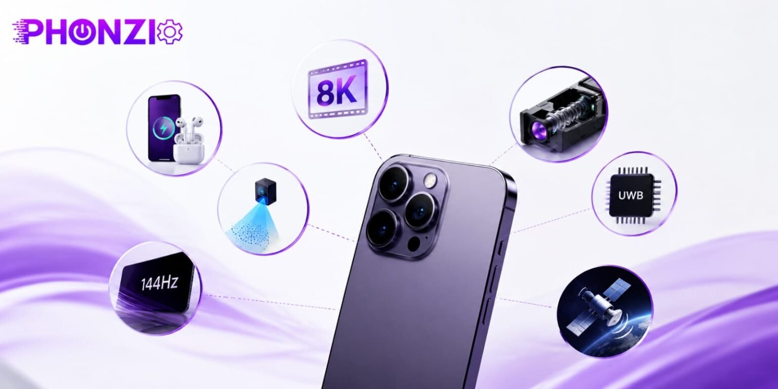 7 Phone Features You’re Paying For But Never Use A purple smartphone surrounded by circular icons highlighting 8K video, 144Hz display, and satellite connectivity.