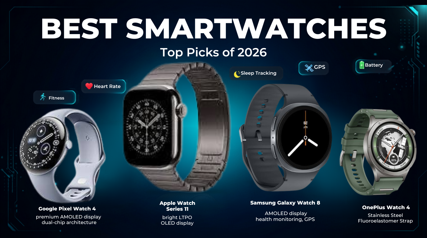 An infographic titled "BEST SMARTWATCHES Top Picks of 2026" showcasing four popular smartwatch models with key features.