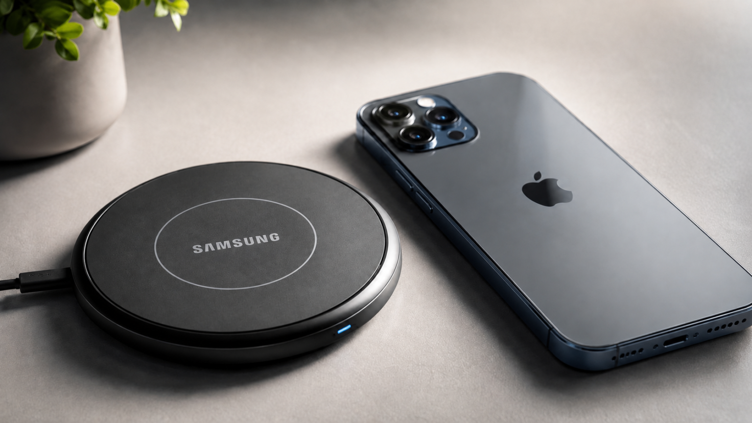 A Samsung wireless charging pad sits next to a grey iPhone on a table.