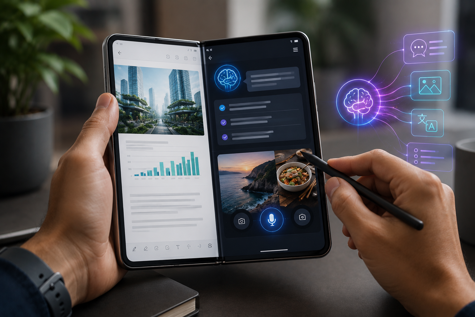 Hands holding a foldable smartphone open, using a stylus to navigate multitasking apps and AI features on-screen.