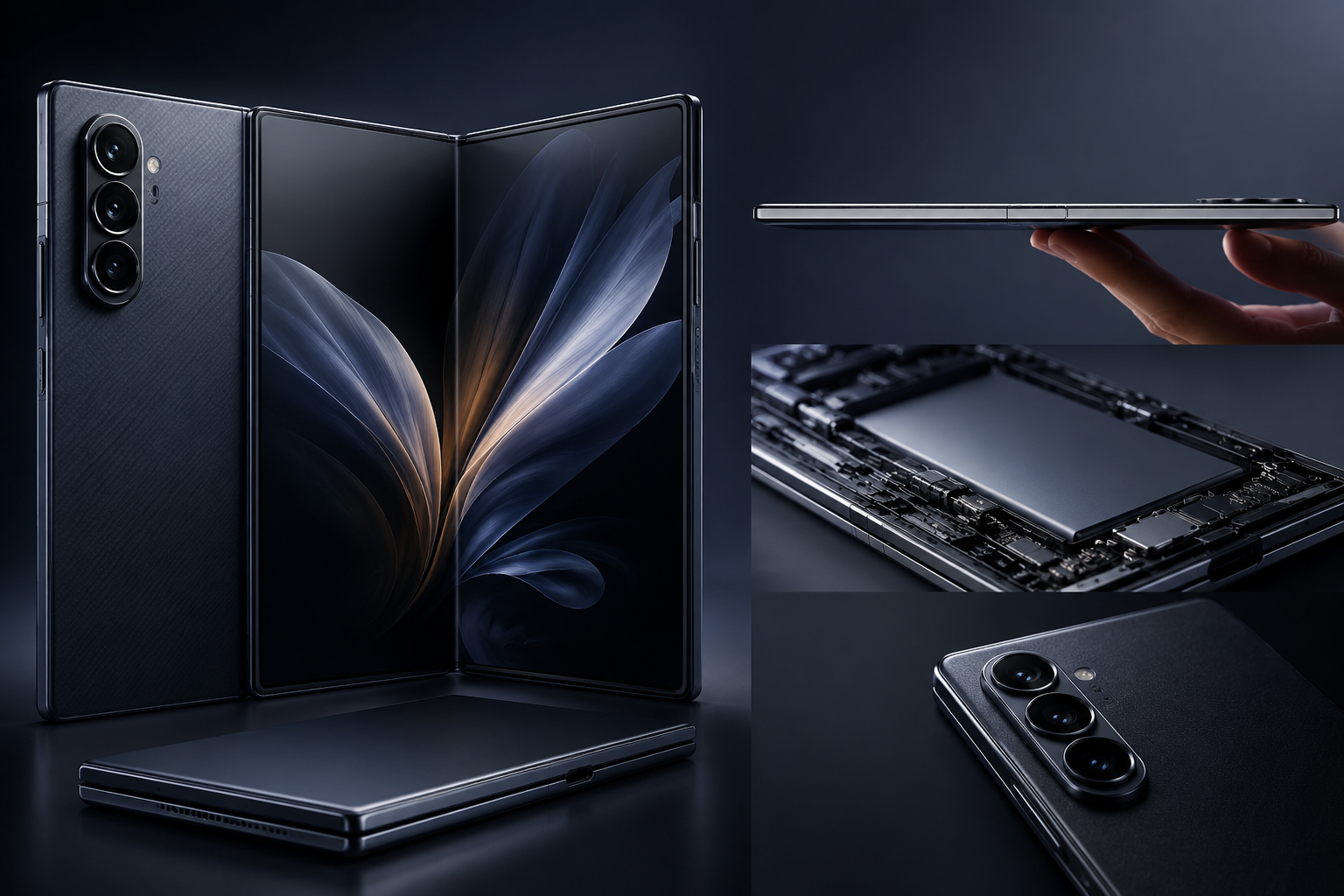 A sleek, dark gray foldable smartphone displayed half-open alongside its internal components and thin side profile.