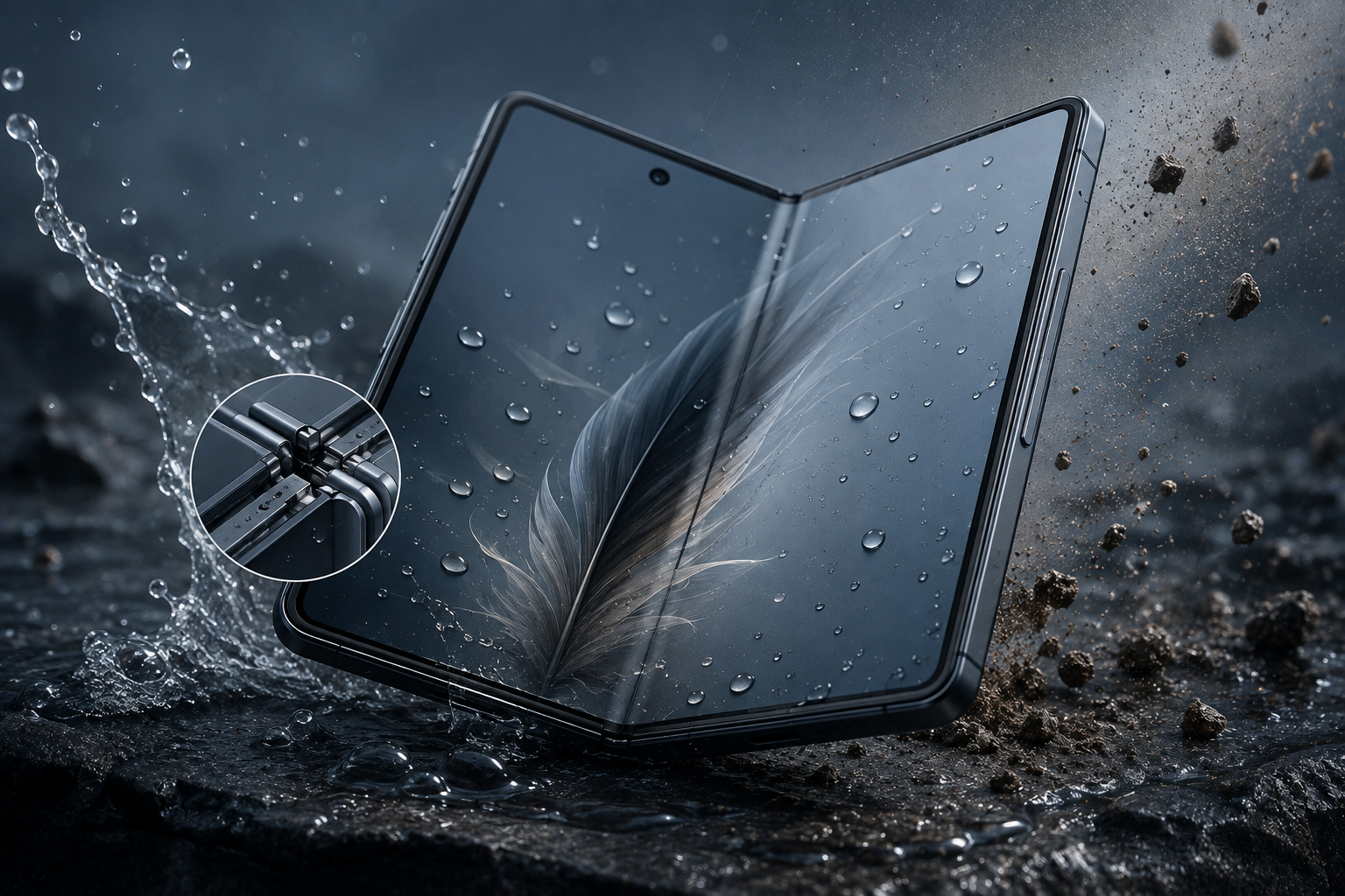 A foldable smartphone half-opened amid splashing water and flying dirt, highlighting its rugged durability and robust hinge design.