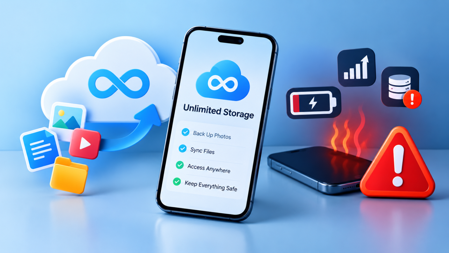 Why “Unlimited Storage” Apps Are Quietly Ruining Your Phone A smartphone advertising unlimited cloud storage stands upright next to a second, overheating phone experiencing battery and sync errors.