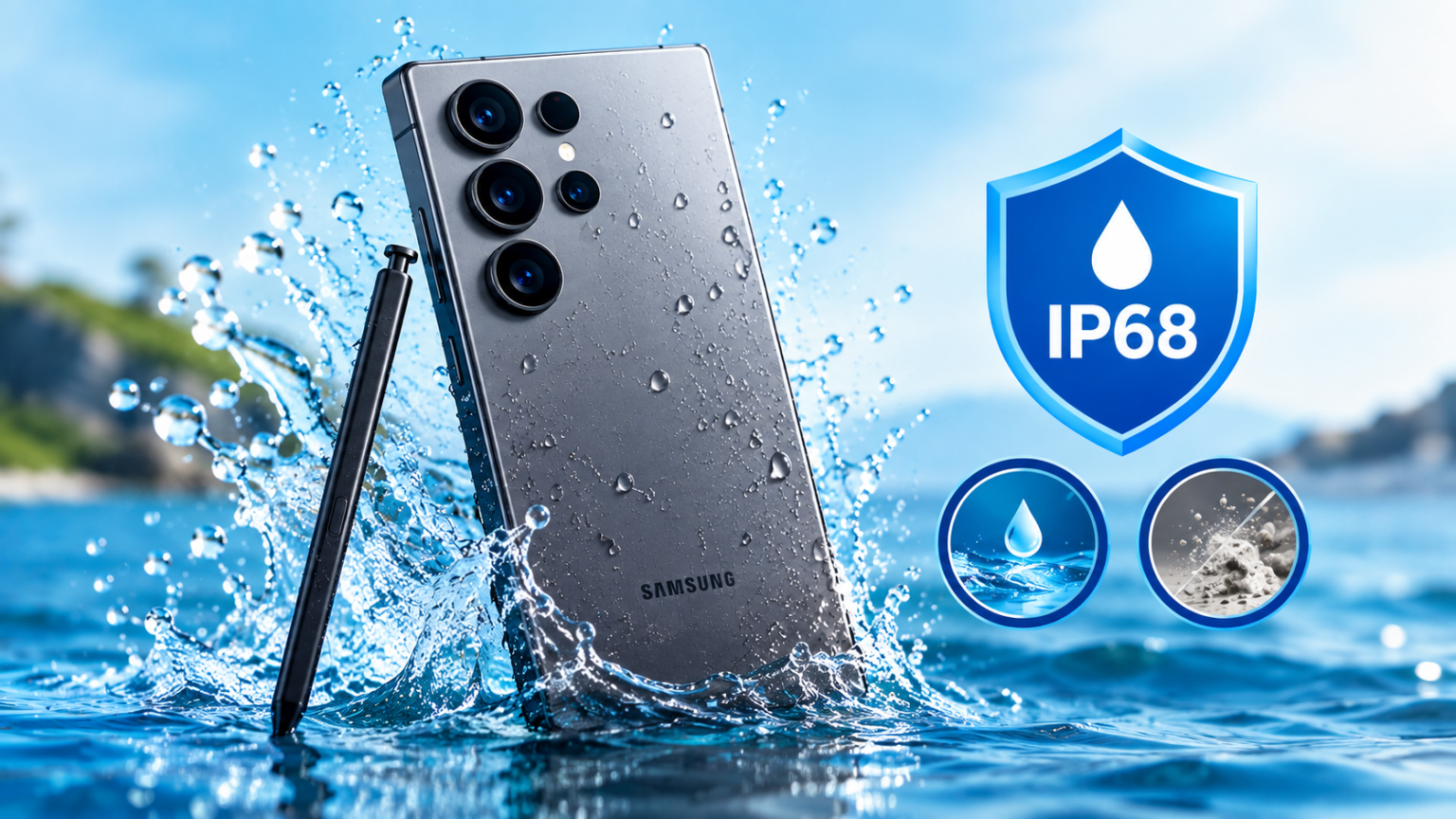 Is the Samsung S25 Ultra waterproof? An administrative phone with a stylus pops out of splashing water, featuring a blue IP68 waterproof shield icon.