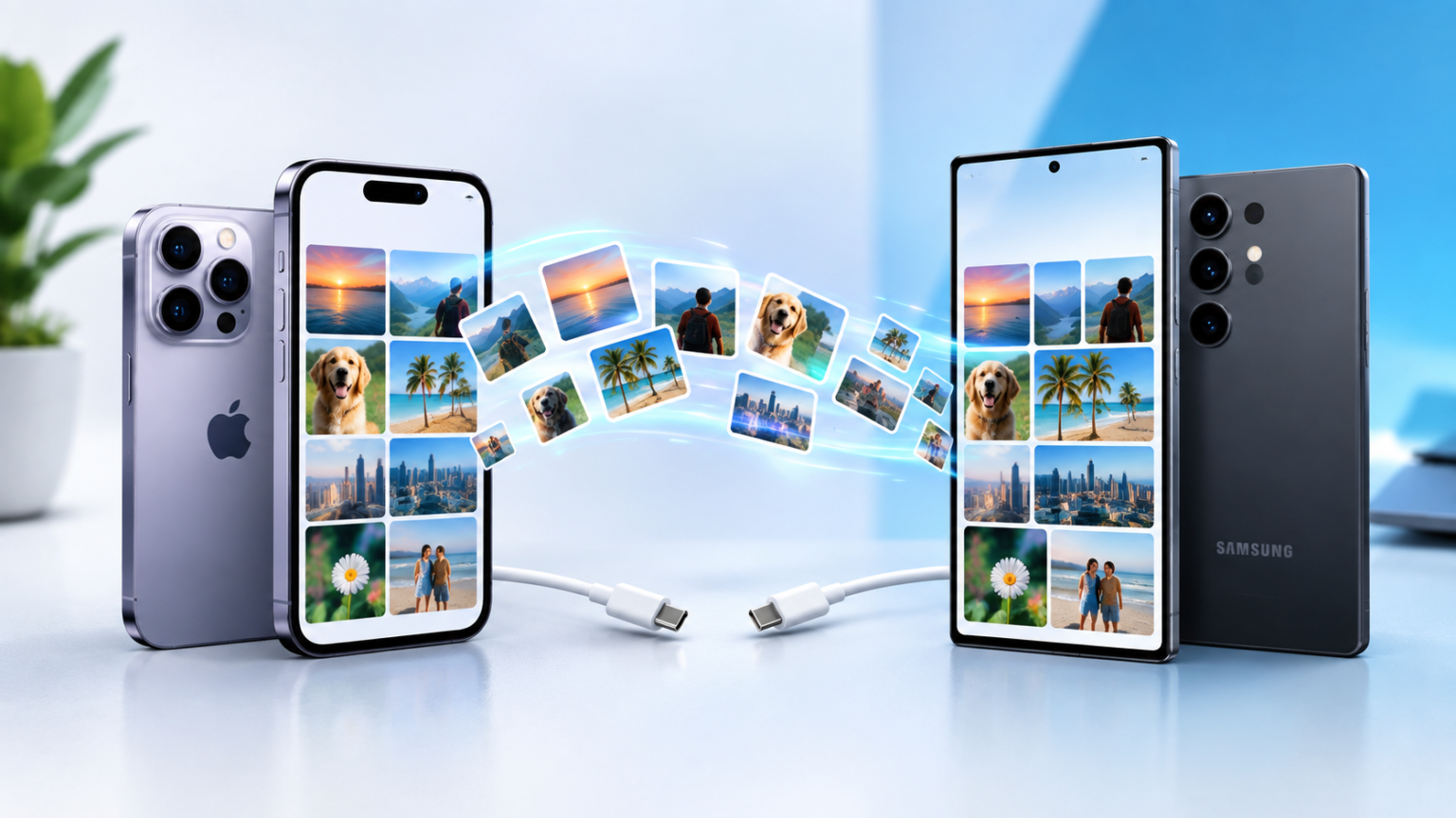 How to Move Pictures from iPhone to Samsung An Apple iPhone and a Samsung Galaxy smartphone stand side-by-side, transferring photos between each other via an arched stream of digital images.